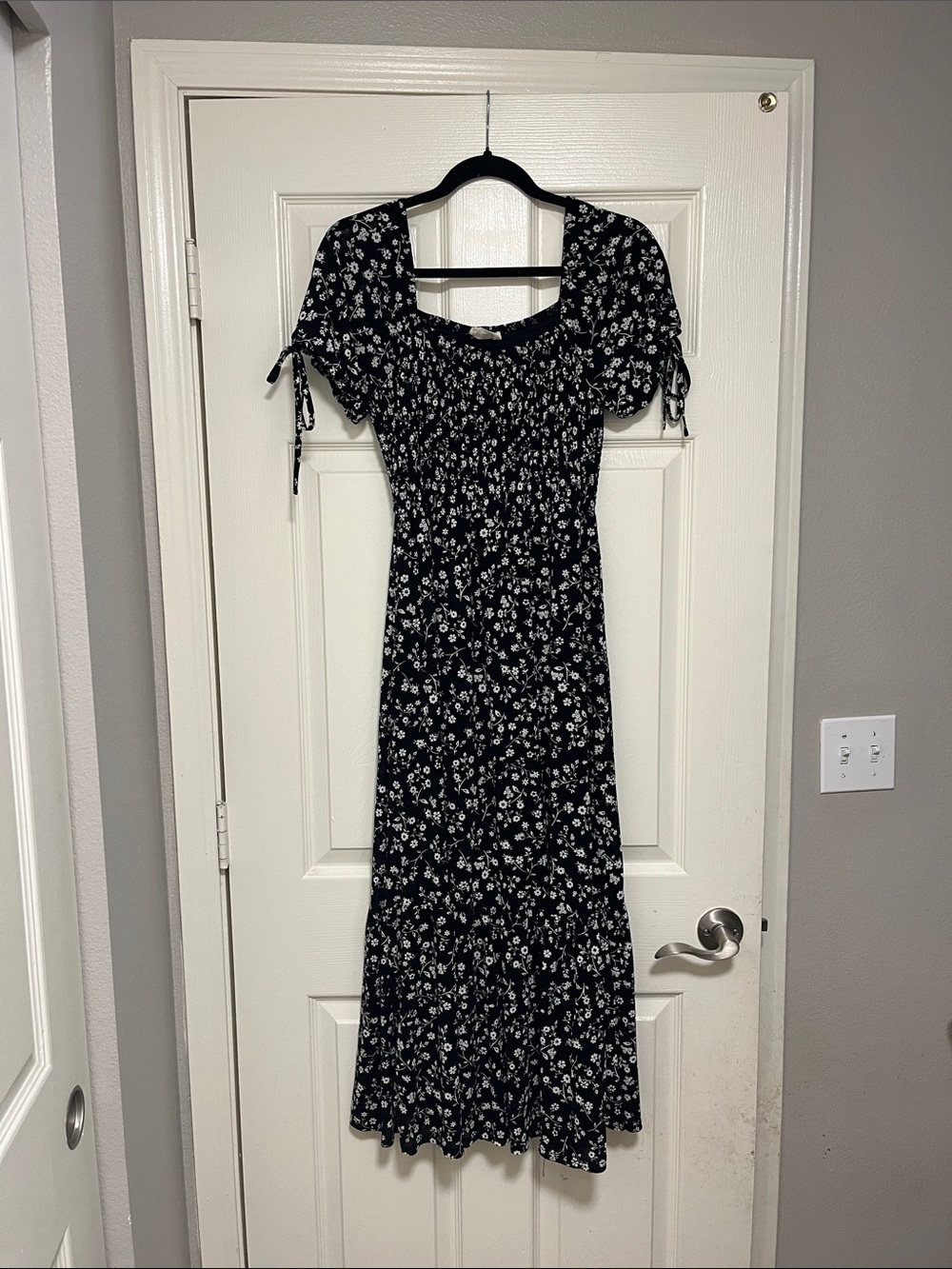 Black Floral Midi Dress with Puff Sleeves and Smocked Bodice